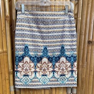 Ann Taylor Teal, Navy and Cream Border-Print Pencil Skirt    Size 0P